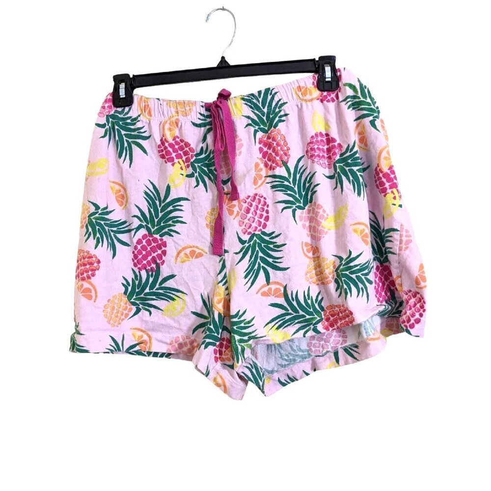 Womens Plus 3X Pink Flannel Sleep Lounge Pineapple Shorts Tropical Drawstring